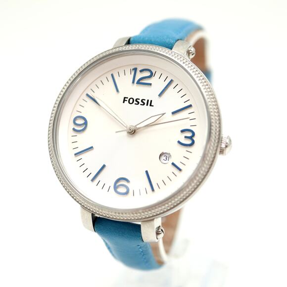 Fossil Heather Silver Tone Womens 42mm Watch Blue Leather ES3279 w New Battery - Picture 1 of 12